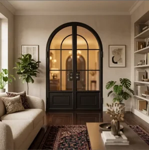 French Arched Head Door Double Wing Swing Interior Partition Black Slim Frame Classic Grid Clear Glass Parisian