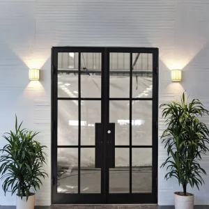 French Classical Narrow Frame Double Front Door with Square Top, Anti-Rust Powder-Coated Finish and Horizontal Swing for Villas
