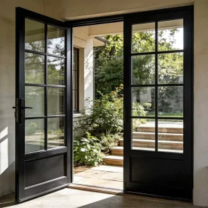 French Design Aluminum Alloy Glass Swing Door with Stainless Steel Hinges and Steel Kick Board for Schools and Warehouses