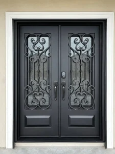 French Design Wrought Iron Fiberglass Exterior Entrance Door with Glass for Villa Small Courtyard and Apartment