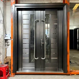 French Exterior Modern Tempered Iron Security Retractable Door Exterior Double Entrance Steel Doors