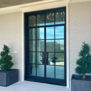 French Exterior Tempered Glass Metal Security Steel Wrought Iron Double Swing Doors