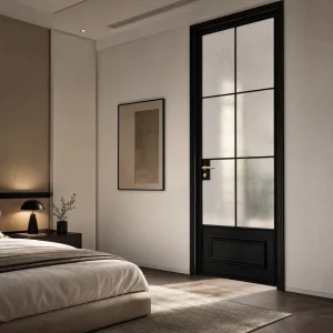 French Grille Swing Glass Partition Door with Matte Black Aluminum Alloy Frame for Bathroom, Kitchen, Living Room, or Bedroom