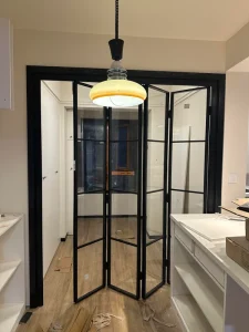 French Modern Aluminum Sliding Folding Door with Custom Glass Partition for Outdoor Balcony, Kitchen or Bathroom Use