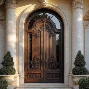 French Postmodern Double-Glass Arched Courtyard Entrance Door, Carved
