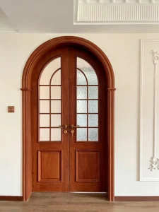French Red Cherry Arched Double Glass Door for House, Bedroom, and Villa Entry