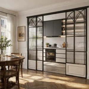 French Retro 4-Panel Aluminum Alloy Frame Single-Glass Sliding Door Soundproof Waterproof Floor Track Partition for Kitchen Balcony