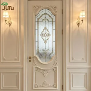 French Royal Solid Wood Entrance Door with Hand-Carved Gold Detail and Decorative Glass