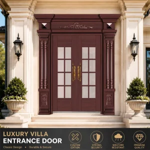 French Steel Villa Entrance Door with Swing Opening, Anti-Theft Security, Tempered Glass