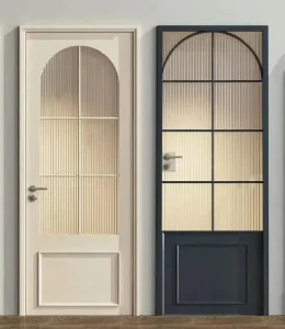Retro Alloy Frame Swing Glass Door Arched Slim Profile Tempered Safety Glass Bathroom Door with Lock Set