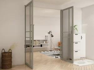 French-Style Double-Panel Tempered Glass Barn Door with Swinging Black Steel Frame for Bedroom and Kitchen Interiors