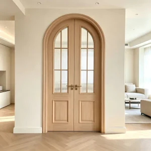 French Style Eco-Friendly Wood Composite Arched Double Interior Door with Glass, Waterproof, Kitchen/Apartment, Swing