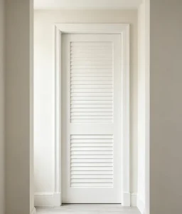 French-Style Modern Double Bifold Louvered Solid Wood Door with Waterproof White Paint Finish for Bathroom Use
