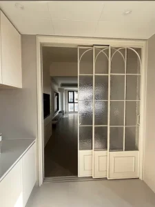 French-Style Sliding Door with Frosted Privacy Glass and Metal Frame for Kitchen or Bathroom