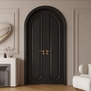 French-Style Wooden Interior Double Doors with Arc-Shaped Design and Lacquered Finish for Bedroom Entry