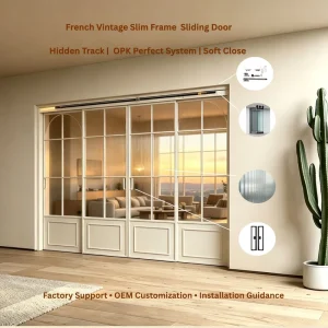 French Vintage Cream Glass Ultra-Narrow Frame 4-Panel Sliding Doors