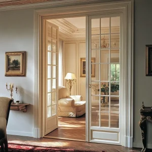 Frosted Tempered Glass Aluminum Casement Double Doors with Grilles for Interior Bathrooms and Kitchens