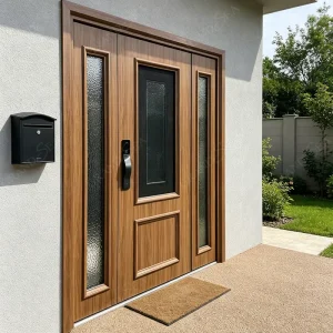 Full Aluminum Carved Villa Security Entrance Door with Teak Wood Design, 36 x 80 in