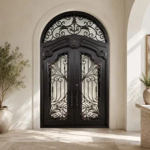Full Arch European Retro Vine Carved Galvanized Wrought Iron Double Door Rustproof Entry Gate for Villa
