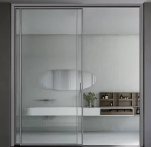 Full Length Fluted Glass Interior Bathroom Kitchen Waterproof Sliding Door with Ultra Narrow Frame Minimalist Design