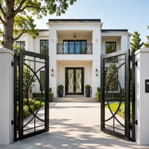 Geometric Double Swing Villa Wrought Iron Entrance Door with Overlapping Oval Patterns