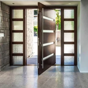 Glossy Exterior Wood Pivot Entry Door with Sidelight