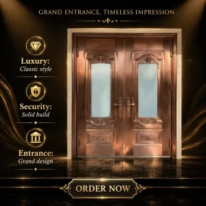 Gold-Accented Symmetric Copper Door, Customizable for Villa Interiors, Manual Opening