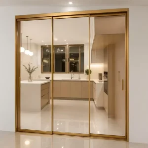 Gold Aluminum Frame Sliding Glass Door with Transparent Glass for Kitchen, Bedroom, Bathroom, or Interior Partition