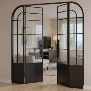 Half Circular Double Sliding Glass Doors, Weather Resistant, Light-Diffusing, Hinged Pivot