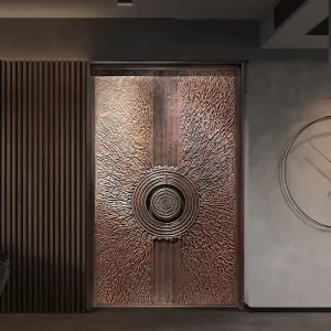 Hand-Carved Custom Copper Double Swing Entry Door with Burglar-Proof and Fire-Retardant Features