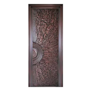 Hand-Carved Metal Storm Door with Copper and Wood Entrance Design for Residential Use