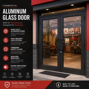 Heavy-Duty Aluminum Commercial Mall Double Door Tempered Safety Glass With Side Fixed Window Design