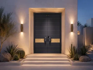 Heavy Duty Aluminum Double Entrance Door with Geometric Grid Pattern and Thermal Insulation