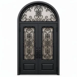 Heritage Arched Wrought Iron Glass Entrance Door Double Entry Custom Scrollwork Rust Proof Forged Exterior Decoration
