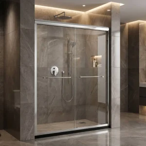 Hotels Shower Door Tempered Glass with Brushed Aluminium Frame Bypass Bathroom Frame Double Sliding Shower Room Door