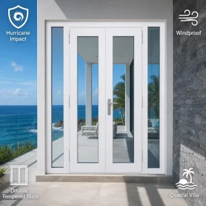 Hurricane Impact UPVC Casement Swing Door with Double Tempered Glass, Windproof for Coastal Villas