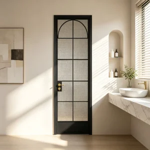 Indoor Arched Swing Partition Door with Privacy Glass and Metal Frame, Noise Reduction, for Shower Room Separation