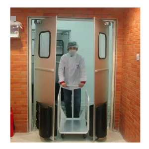 Industrial Double Action Two-Way Kitchen Swing Door with Bumper Kickplate, Finished Stainless Steel