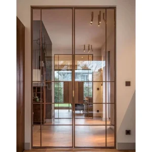 Interior Flat Door Golden Metal Alloy Frame Glass Panel Swing Double Door for Bedroom Living Room and Kitchen