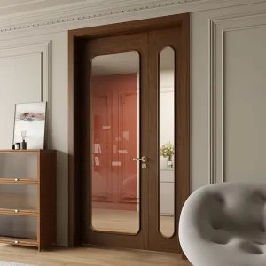 Interior Wood Door Unequal Double Leaf Walnut Finish Bedroom Door