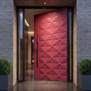 Italian Light Red Geometric Off-center Entrance Door for Large Villas Smart Rotating Gate Custom Waterproof