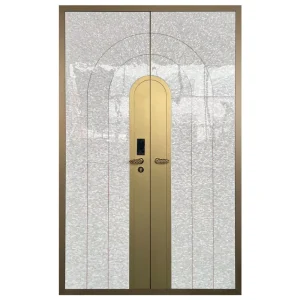 Italian Luxury Cast Aluminum Arched Double Entry Door with Natural Mother-of-Pearl Panel Inlay