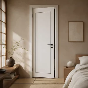 Japandi Minimalist White Interior Door, Solid Wood, Flush Panel, Single Door, Black Hardware, Custom Size, Bedroom