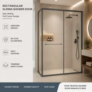 L-Shaped Fully Framed Sliding Shower Door Enclosure with Side Entry Tempered Glass Panels for Hotel Use Custom Size
