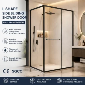 L-Shaped Modern Side-Sliding Tempered Glass Shower Door Full Enclosure with Frame for Hotel Use