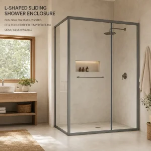 L Shaped Side Sliding Shower Door with Durable Framed Structure Space Saving Design