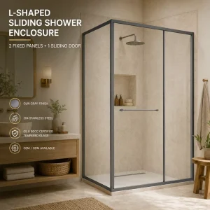 L Shaped Two Fixed Side Sliding Shower Door with Stainless Steel Frame 8mm Thick Glass Durable & Easy Clean 5 Year Warranty