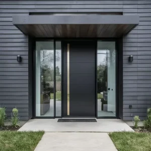 Large Pivot Front Door with Wood Grain Metal and Aluminum Construction for Exterior Villa Use