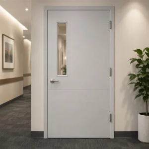 Light Gray Hospital Office Swing Door with Wide Glass Window Two-Panel Design