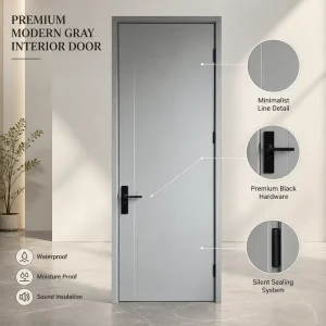 Light Grey Lacquer-Painted Wood Panel Bedroom Door, Soundproof and Waterproof